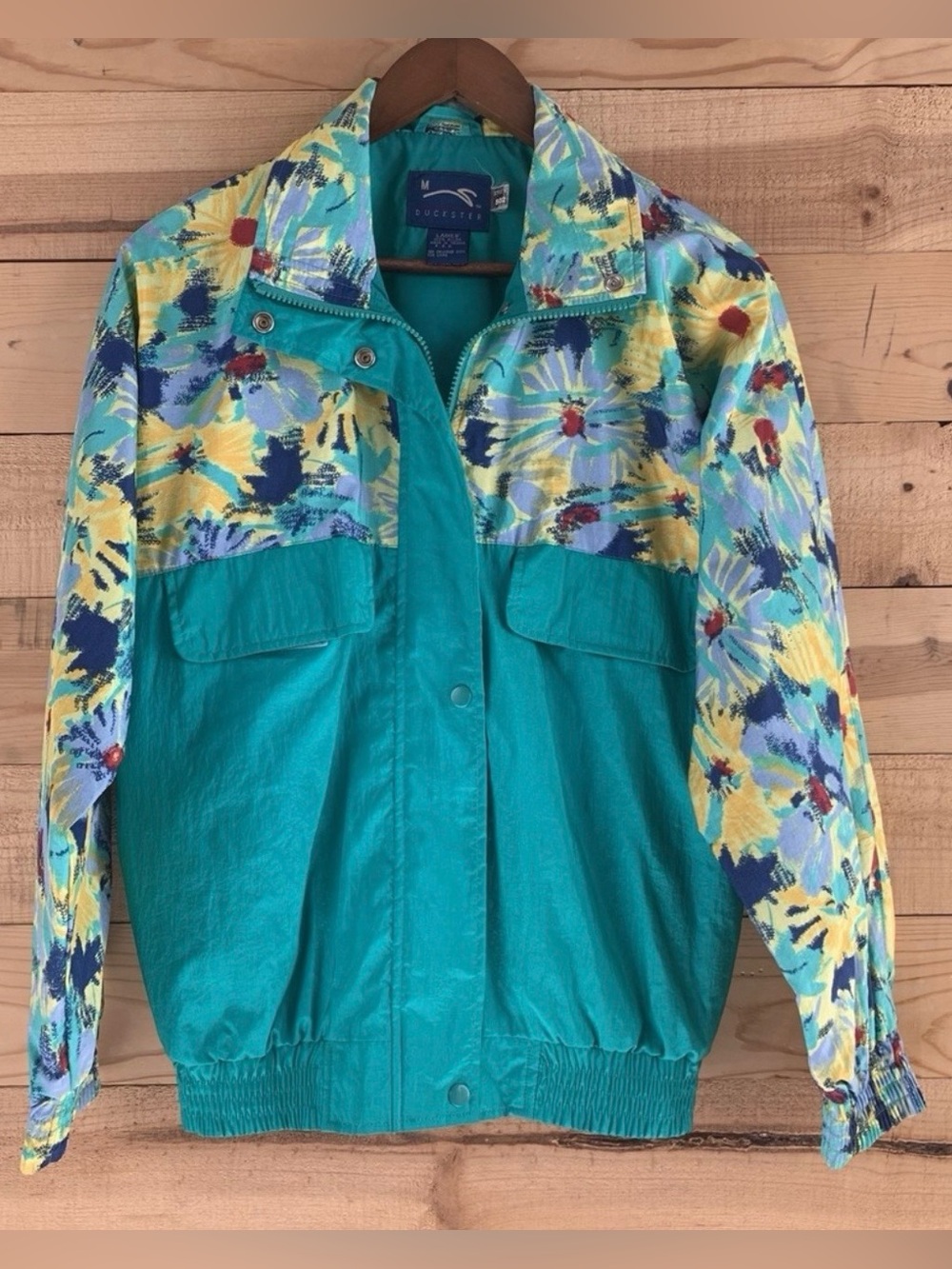 VTG 90s Duckster Windbreaker Jacket Womens L Floral Track Coat Full Zip